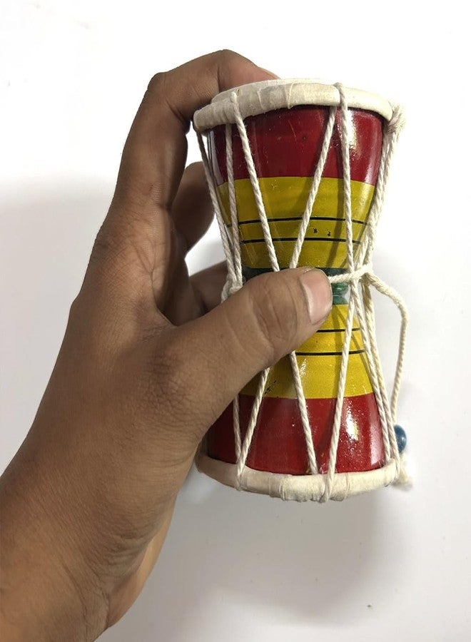 HuBBeR Traditional Indian Damru Hand Percussion Instrument, Handmade Musical Drum with Rope Design, Red and Yellow, Decorative Kids Toy (Medium) - Image 2